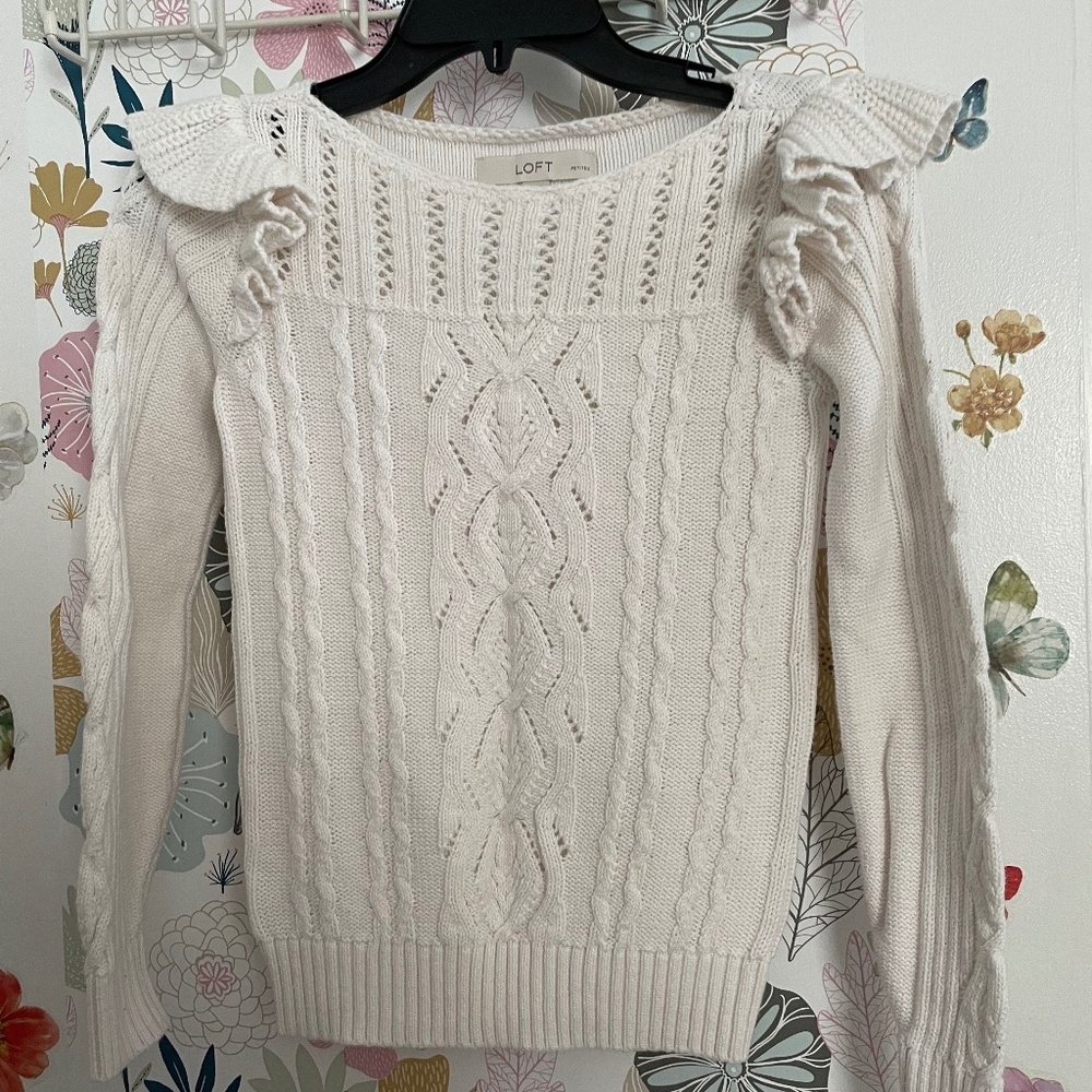 Loft Cable cream knit sweater with ruffles size Petite XXS